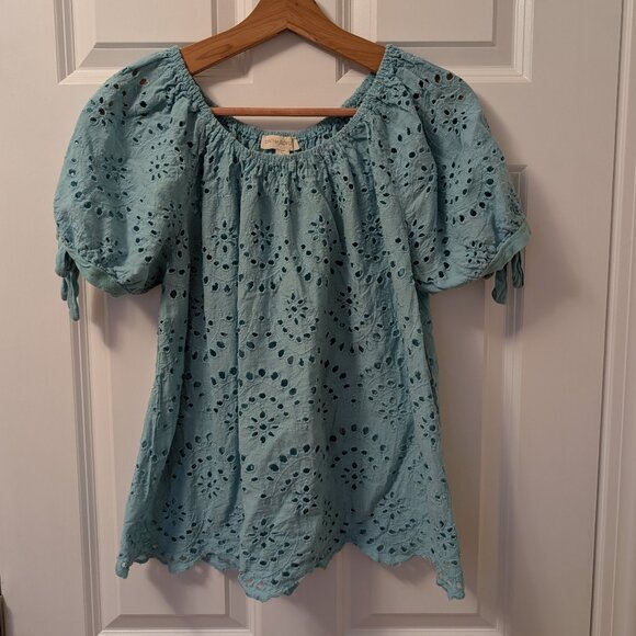 Women's Teal Eyelet Cynthia Rowley Blouse Large - Picture 1 of 8